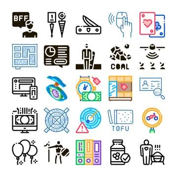 Diverse icon collection representing various concepts and objects Stock Illustration