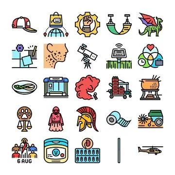 Diverse icon collection representing various concepts and objects Stock Illustration
