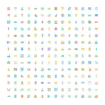 Diverse icon set displaying various colorful line symbols Stockillustratie