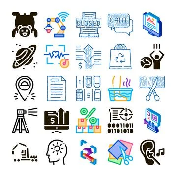 Diverse icon set exploring business, technology, health concepts Stockillustratie