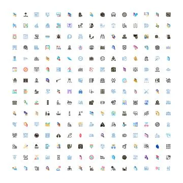 Diverse icon set exploring business, technology, social concepts Stock Illustration