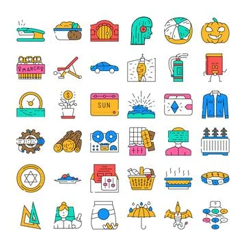 Diverse icon set exploring business, technology, and nature themes Stock Illustration