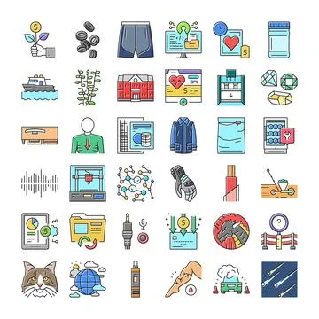 Diverse icon set exploring business, technology, and health concepts Stock Illustration