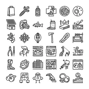 Diverse icon set exploring business nature technology food Stock Illustration
