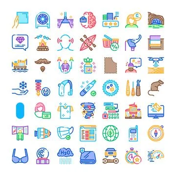 Diverse icon set exploring digital and everyday concepts Stock Illustration
