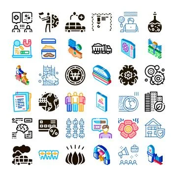 Diverse icon set exploring modern business and daily life concepts Stock Illustration