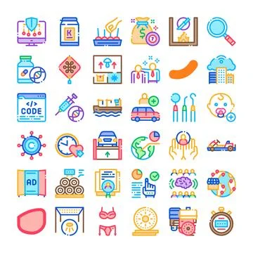 Diverse icon set exploring modern business and technology Stock Illustration