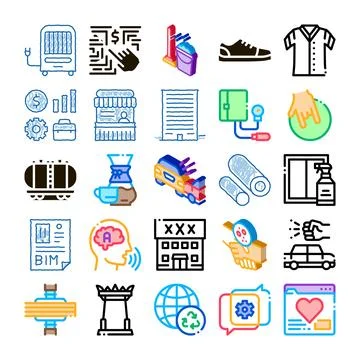 Diverse icon set exploring modern everyday objects and concepts Stock Illustration