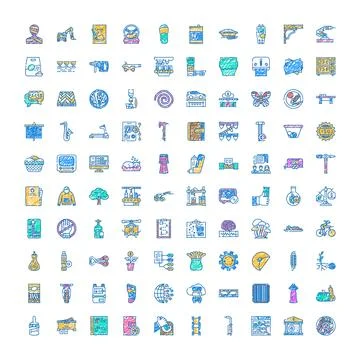 Diverse icon set exploring modern business and lifestyle concepts Stock Illustration