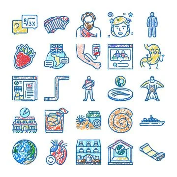 Diverse icon set exploring multiple subjects and concepts Stock Illustration