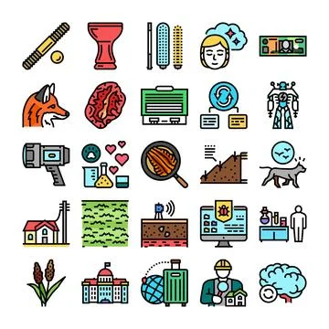 Diverse icon set exploring science, nature, technology, and travel Stock Illustration