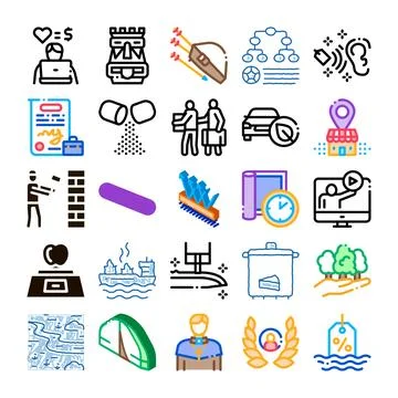 Diverse icon set exploring various industries and concepts Stock Illustration