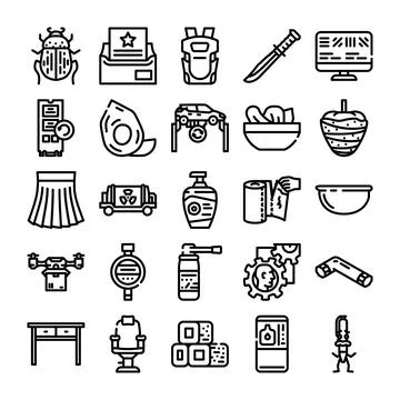 Diverse icon set exploring various objects and themes Stock Illustration