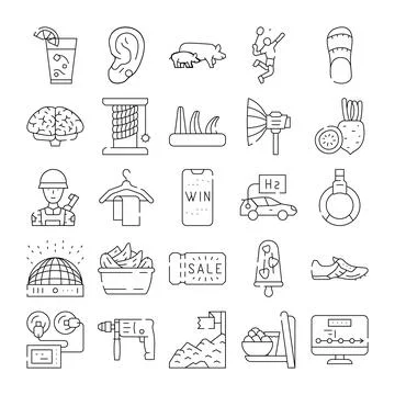 Diverse icon set exploring various objects and concepts Stock Illustration