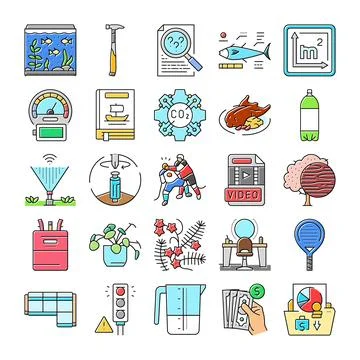 Diverse icon set exploring various objects and topics Stock Illustration