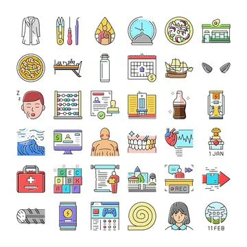 Diverse icon set exploring various lifestyle and business concepts Stock Illustration