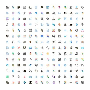 Diverse icon set representing business technology and abstract concepts Stock Illustration