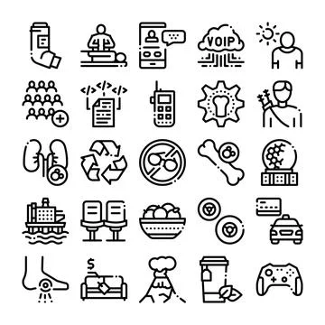 Diverse icon set representing modern lifestyle technology and health Ilustración de archivo
