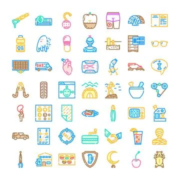 Diverse icon set representing objects, lifestyle, and abstract concepts Stock Illustration