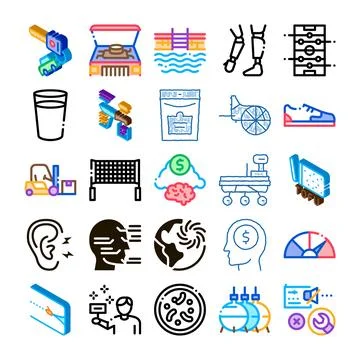 Diverse icon set representing science industry technology concepts Stock Illustration
