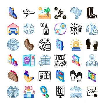 Diverse icon set representing technology, travel, work, and justice 库存插图