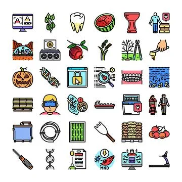 Diverse icon set representing technology, nature, and health concepts Ilustración de archivo