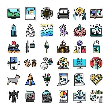 Diverse icon set representing various modern concepts 库存插图