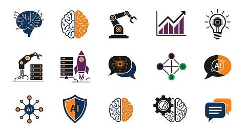 Diverse icons for artificial intelligence, robotics, data, brains, and scie.. Stock Illustration