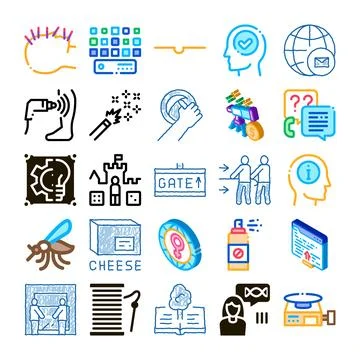 Diverse icons collection representing knowledge, technology, and health Stock Illustration
