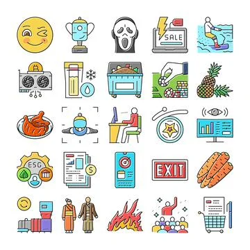 Diverse icons collection representing various concepts and activities Stock Illustration