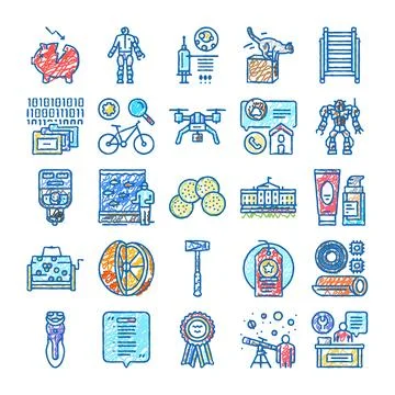 Diverse icons exploring technology innovation and daily life Stock Illustration