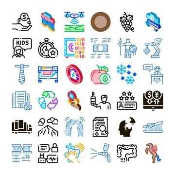 Diverse icons presenting various technology, business, and health concepts Illustrazione stock