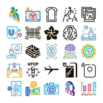Diverse icons representing technology, communication, and business concepts Stock Illustration