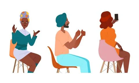 Diverse individuals engaging in lively conversation and social media, showcasing Stock Illustration