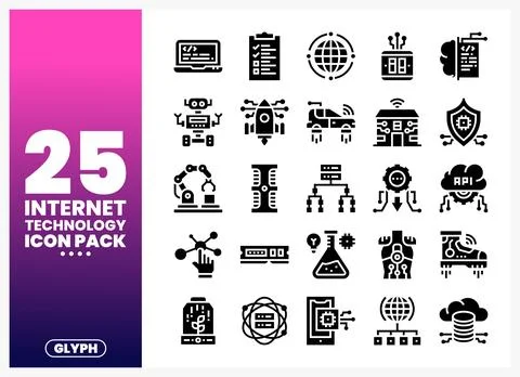 Diverse internet technology glyph icons displayed on a purple gradient back.. Ilustração Stock