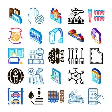 Diverse isometric concept icons representing technology industry and science イラスト素材