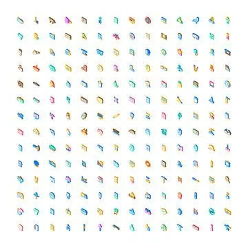 Diverse isometric digital icon set creating visual resources Ilustração Stock
