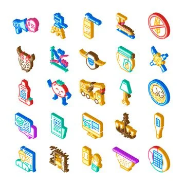 Diverse isometric icons collection representing various concepts Stock Illustration