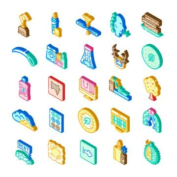 Diverse isometric icons collection representing various concepts and objects Stock Illustration