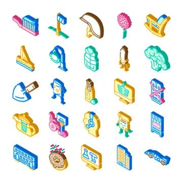 Diverse isometric icons collection representing various daily objects Stock Illustration