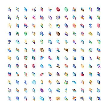 Diverse isometric icons set presenting various symbols and objects Ilustración de archivo