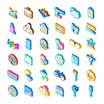 Diverse isometric icons set visualizing various concepts Stock Illustration
