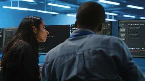 Diverse IT engineers in server room brainstorming ways to fix equipment Foto stock