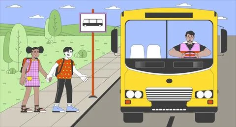 Diverse kids getting on school bus cartoon flat illustration Stock Illustration