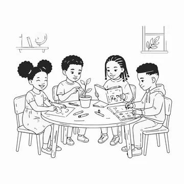 Diverse kids learning, reading, drawing at table, educational fun Silhouette Ilustração Stock