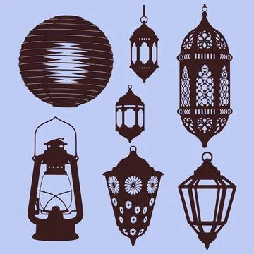 Diverse Lantern Silhouettes on Blue Background Stock Illustration