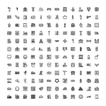Diverse line art icon set representing various concepts Stock Illustration