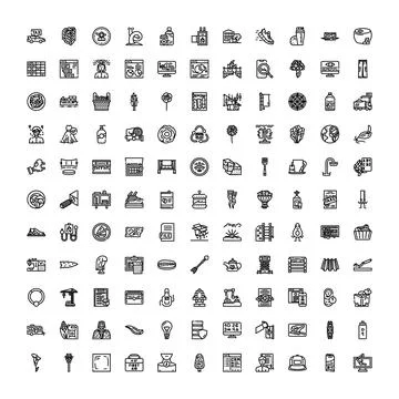 Diverse line art icon set representing various concepts Stock Illustration