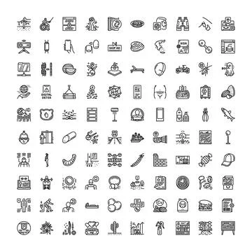 Diverse line art icons collection on white background Stock Illustration