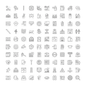 Diverse line icon collection featuring technology and lifestyle concepts Stock Illustration